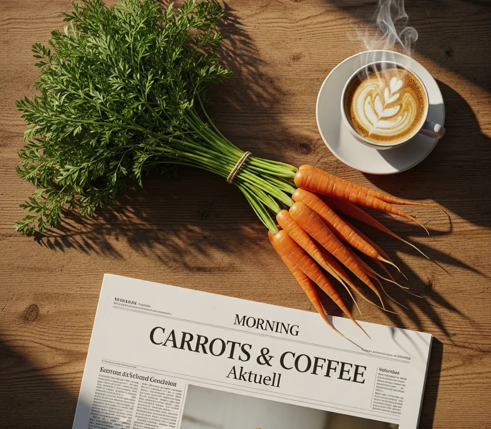 Frische Karotten, Kaffeetasse und Zeitung Carrots & Coffee Aktuell